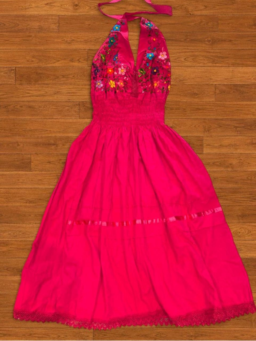 Pink Halter Sundress with Floral Embroidery